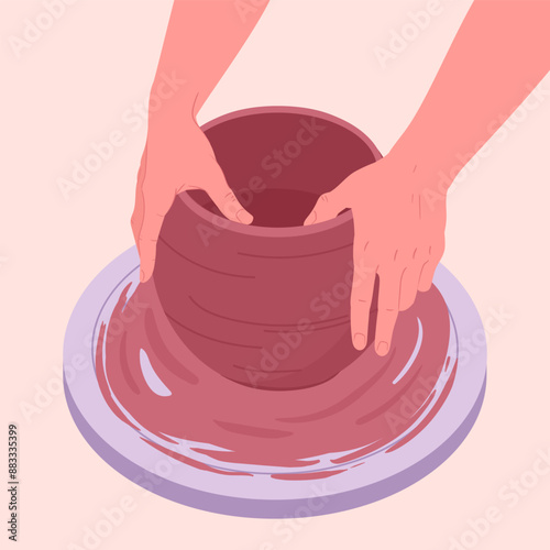Potter modeling vase. Ceramic studio potter hands, person work with potters wheel flat vector illustration. Hand crafting crockery