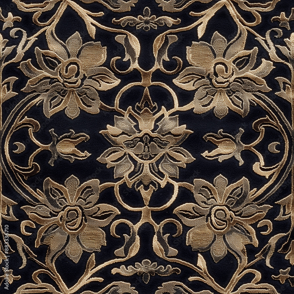 Intricate Floral Embroidery Pattern Elegant and Ornate Textile Design with Gold on Black Fabric Intricate Floral Embroidery Pattern Elegant and Ornate Textile Design with Gold on Black Fabric