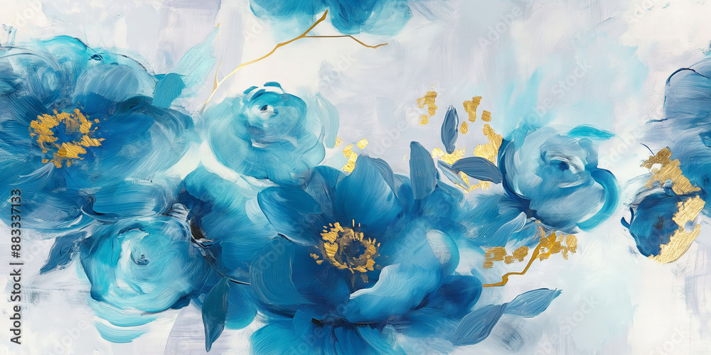Abstract Blue Floral Art with Gold Highlights Modern Elegant Flower Painting Abstract Blue Floral Art with Gold Highlights Modern Elegant Flower Painting