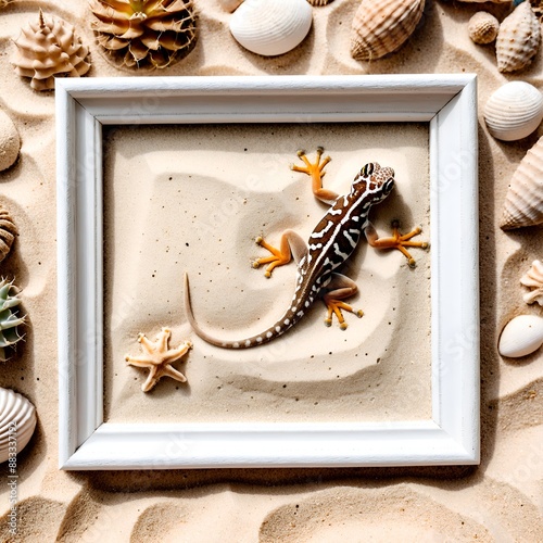 Frame on sand with gecko. Summer background