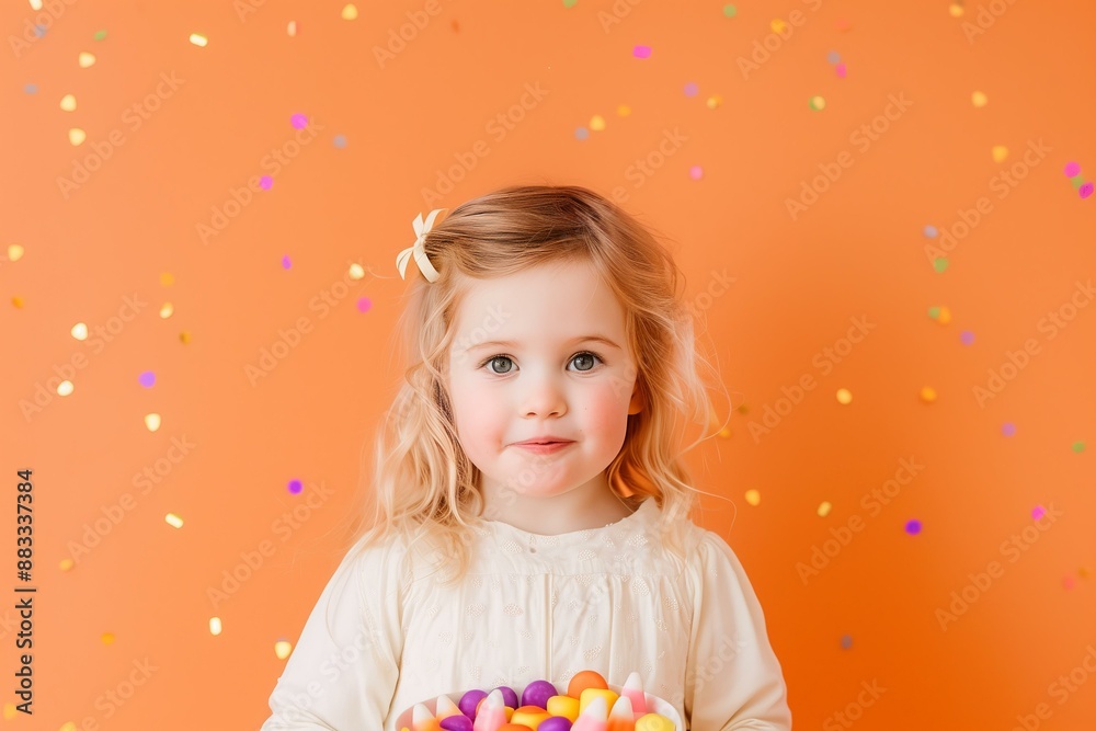 little girl holding a bucket full of candy corn on an orange solid color background with purple black orange and gold confetti for Halloween little girl holding a bucket full of candy corn on an orange solid color background with purple black orange and gold confetti for Halloween