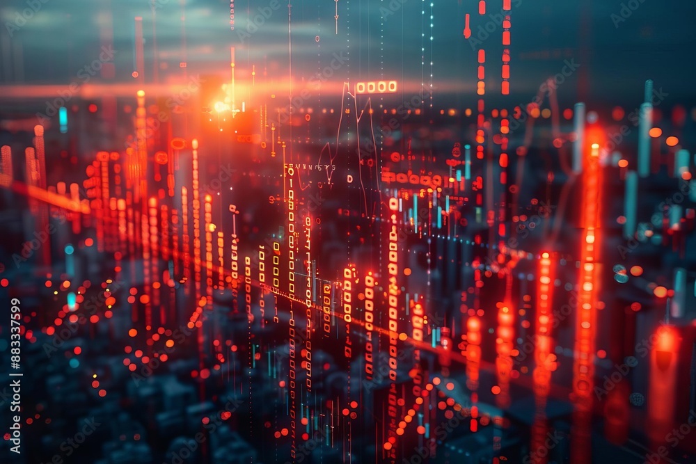 Naklejka premium Futuristic city landscape with glowing digital data charts and graphs, representing technology and financial trends in the modern era.