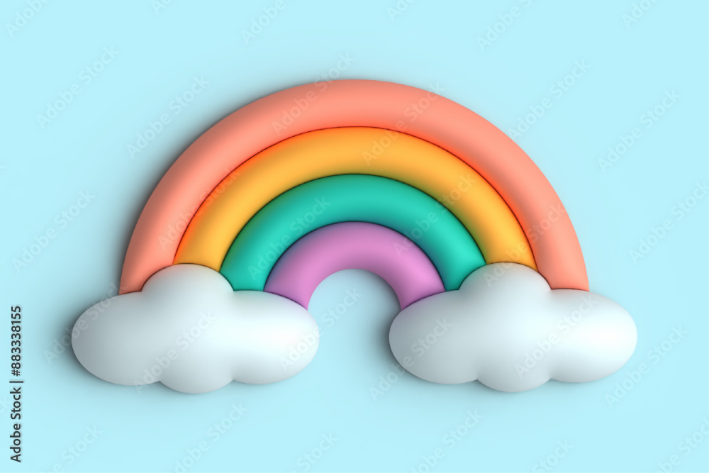 3D rainbow with clouds on a blue background. Vector illustration. 3D rainbow with clouds on a blue background. Vector illustration.