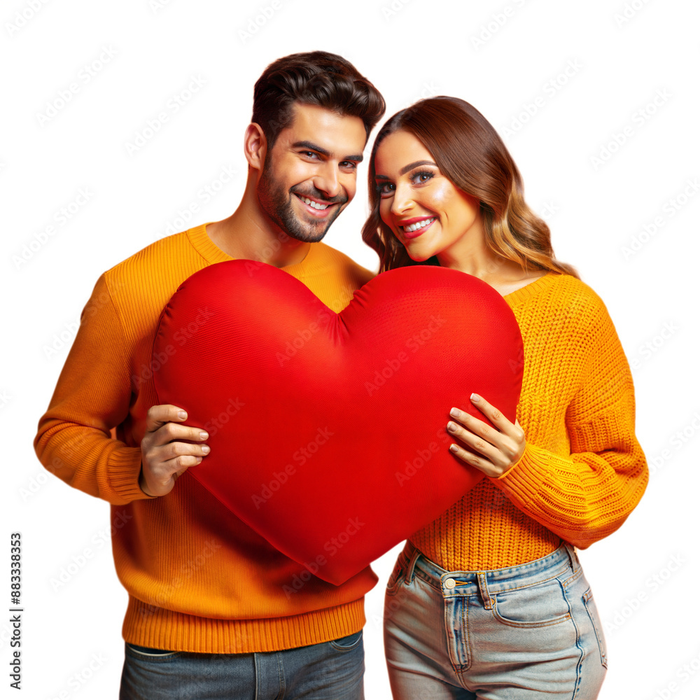 A smiling couple holding a heart-shaped pillow, expressing love and happiness. A smiling couple holding a heart-shaped pillow, expressing love and happiness.