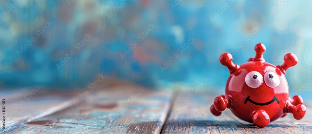 Fototapeta premium Red Coronavirus Toy Figurine On Wooden Table Against Blue Background