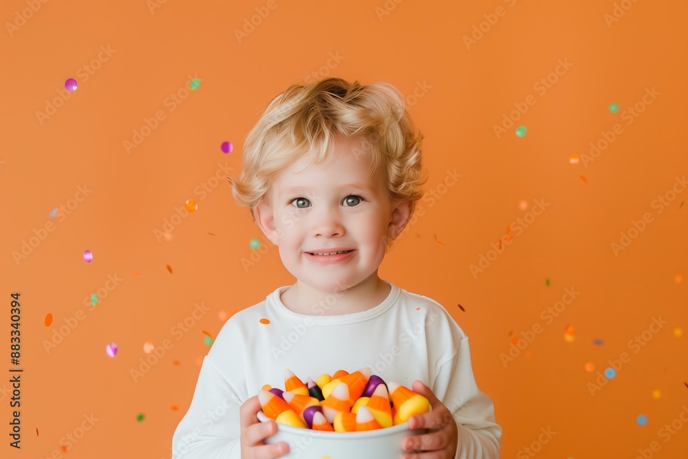 little boy holding a trick or treat bucket full of candy corn on an orange solid color background with purple black orange and gold confetti for Halloween