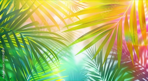 Trendy Balinese summer background with floral pattern, green palm leaves, art wallpaper, summer colors, blur, botanical tropical leaves, sunlight and shadows.