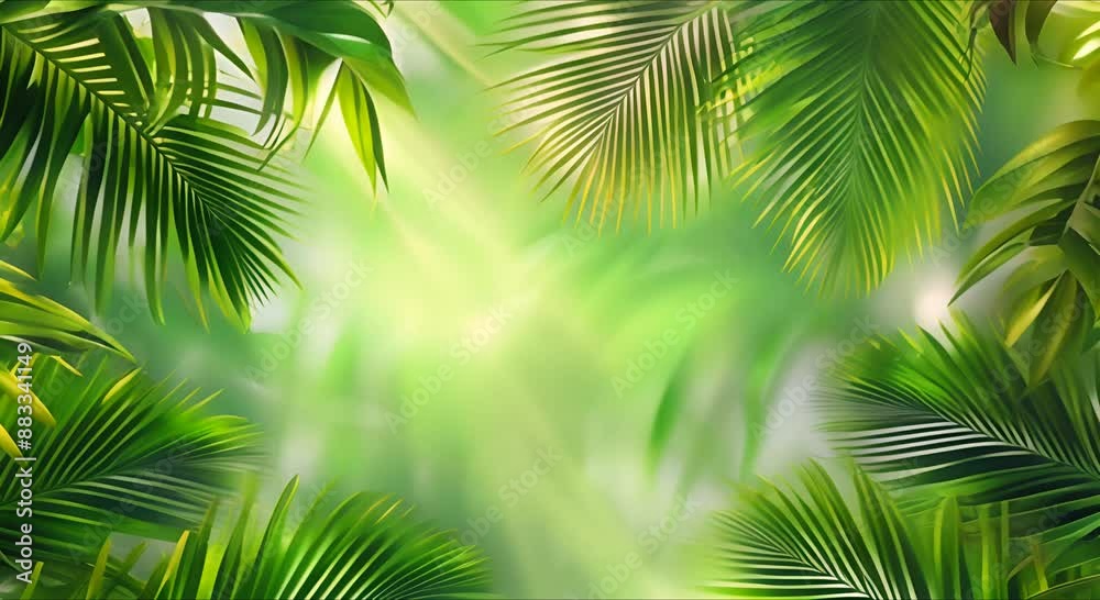 Trendy Balinese summer background with floral pattern, green palm leaves, art wallpaper, summer colors, blur, botanical tropical leaves, sunlight and shadows. Trendy Balinese summer background with floral pattern, green palm leaves, art wallpaper, summer colors, blur, botanical tropical leaves, sunlight and shadows.