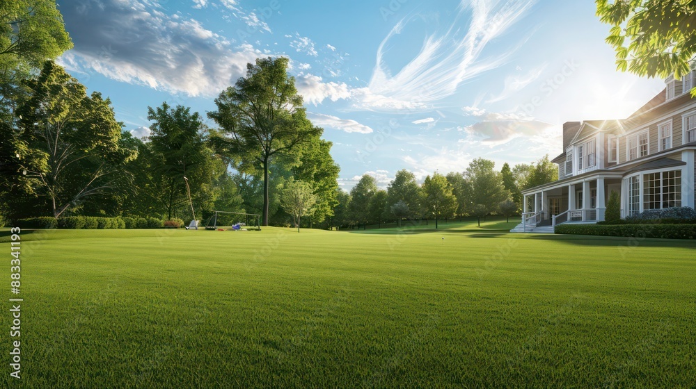 The lush, manicured lawn of a Suburban Colonial home, perfect for a family picnic or a game of croquet under the summer sky The lush, manicured lawn of a Suburban Colonial home, perfect for a family picnic or a game of croquet under the summer sky