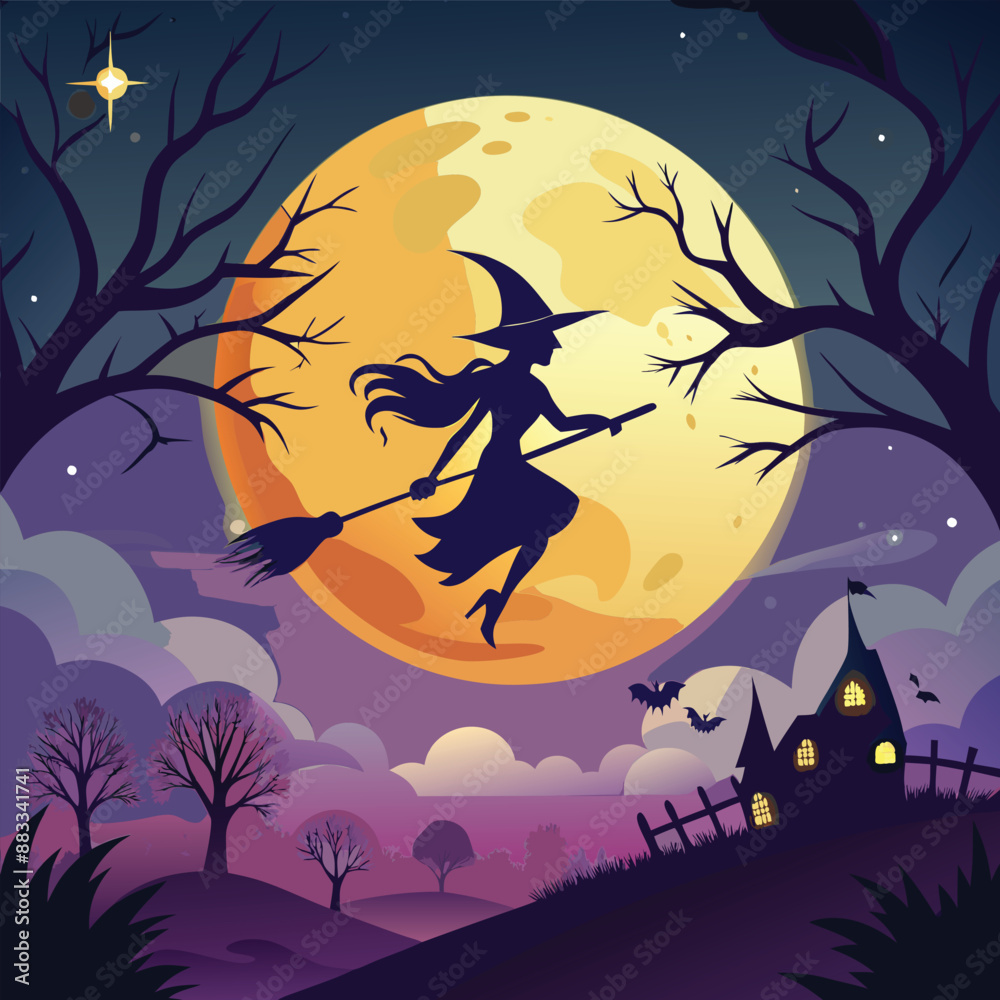 A glowing full moon with a silhouette of a witch flying on a broomstick. A glowing full moon with a silhouette of a witch flying on a broomstick.