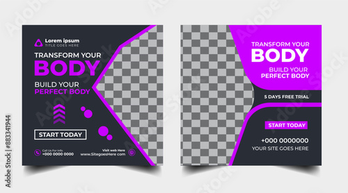 Gym fitness social media post banner template set, Sports social media square banner, gym Workout, fitness exercise social media  promotional design.