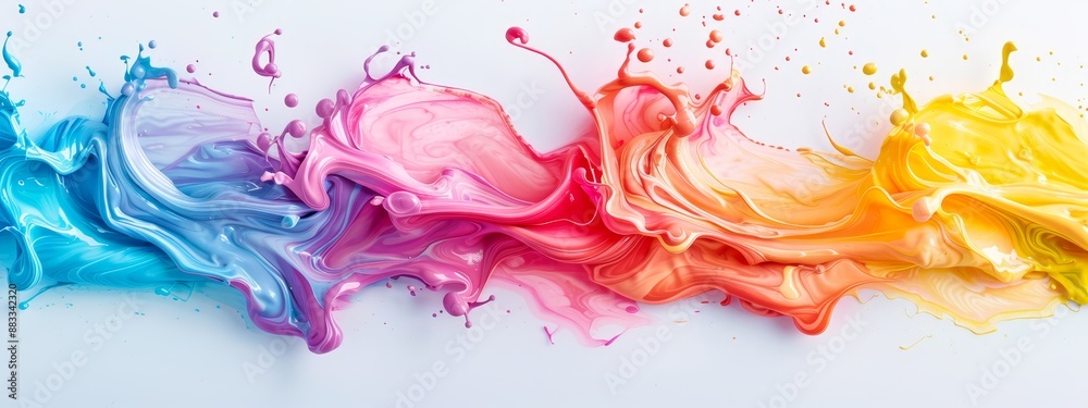 Multicolored paint drops splatter White surface, dripping with water Multicolored paint drops splatter White surface, dripping with water