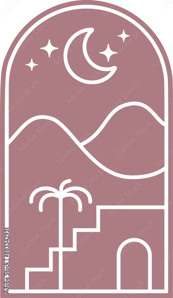 Desert boho logo with moon and mountains. Abstract bohemian illustration with palm and minimal landscape. Arch and window elements for poster and decoration Desert boho logo with moon and mountains. Abstract bohemian illustration with palm and minimal landscape. Arch and window elements for poster and decoration