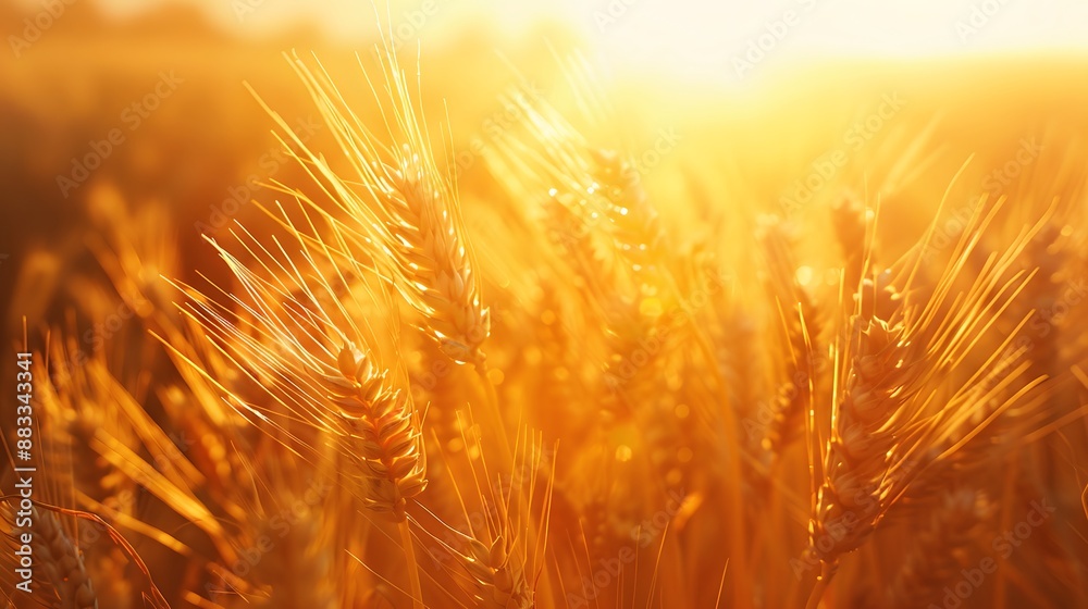 Golden ripe ears of wheat on nature in summer field at sunset rays of sunshine, close-up macro. Ultra wide format. Golden ripe ears of wheat on nature in summer field at sunset rays of sunshine, close-up macro. Ultra wide format.