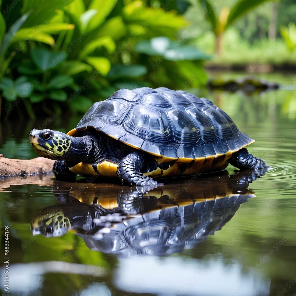 Amazon River Turtle on sunlit rock, dark shell, clear water, gentle ripples, lush green vegetation. Amazon River Turtle on sunlit rock, dark shell, clear water, gentle ripples, lush green vegetation.