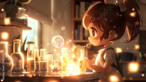 A girl in a lab coat is holding a beaker with a green liquid in it