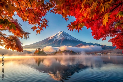 Wallpaper Mural Colorful Autumn Season and Mountain Fuji with morning fog and red leaves at lake Kawaguchiko Torontodigital.ca