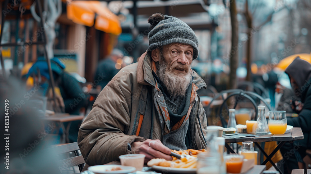 A homeless man in dirty clothes sits in an elite restaurant and orders food for himself. A homeless man in dirty clothes sits in an elite restaurant and orders food for himself.