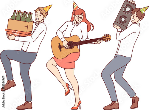 Cheerful friends rush to festive party with alcohol and musical equipment, rejoicing at coming of weekend. Business people preparing for friday party, wanting to have good time after signing contract