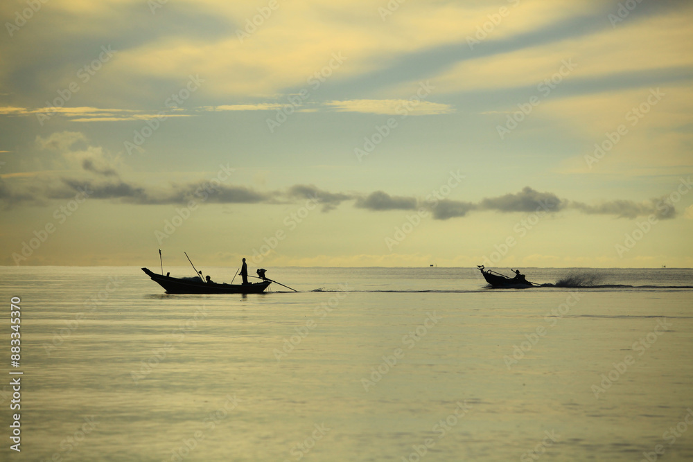 Boat floats near the shore in gulf of Thailand, Adventure Lifestyle Boat floats near the shore in gulf of Thailand, Adventure Lifestyle