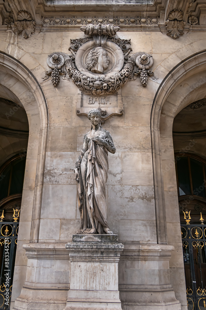 Architectural details of famous neo-baroque building Opera National de Paris. Grand Opera (Garnier Palace) - UNESCO World Heritage Site. Paris, France.
