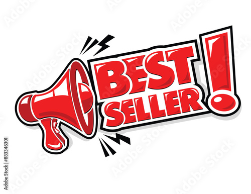 Advertising sticker best seller with megaphone loudspeaker. Vector on transparent background
