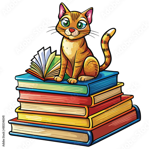 Smart Kitty Relaxing on Pile of Colorful Books, Cute Feline Illustration for Bookworms white background vector illustration.AI GENERATED