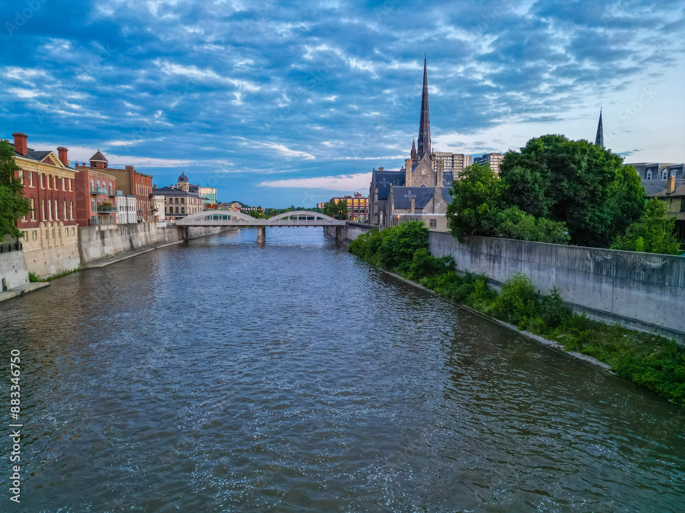 view of the old town with Aerial Birds Eye view of Cambridge Waterloo region Ontario Toronto Canada architecture European style building bridge and river street and clouds in the sky view of the old town with Aerial Birds Eye view of Cambridge Waterloo region Ontario Toronto Canada architecture European style building bridge and river street and clouds in the sky