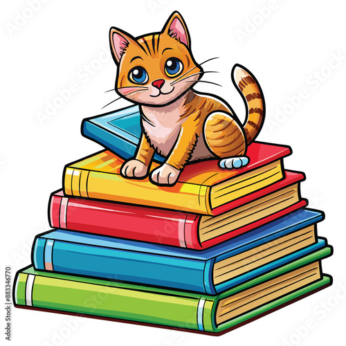 Smart Kitty Relaxing on Pile of Colorful Books, Cute Feline Illustration for Bookworms white background vector illustration.AI GENERATED
