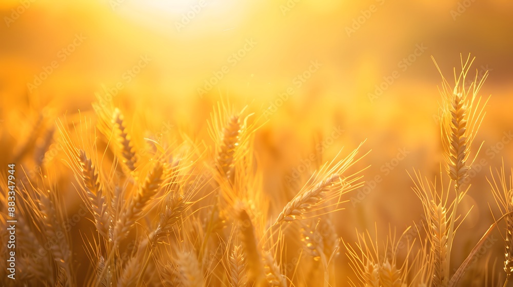 Golden ripe ears of wheat on nature in summer field at sunset rays of sunshine, close-up macro. Ultra wide format. Golden ripe ears of wheat on nature in summer field at sunset rays of sunshine, close-up macro. Ultra wide format.