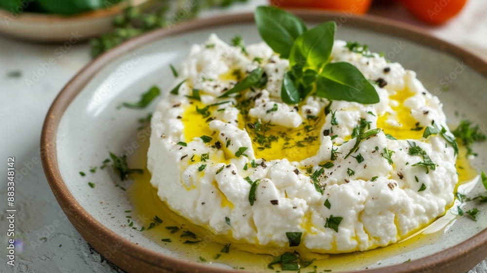 Plate of fresh ricotta cheese garnished with a drizzle of olive oil and fresh herbs Plate of fresh ricotta cheese garnished with a drizzle of olive oil and fresh herbs