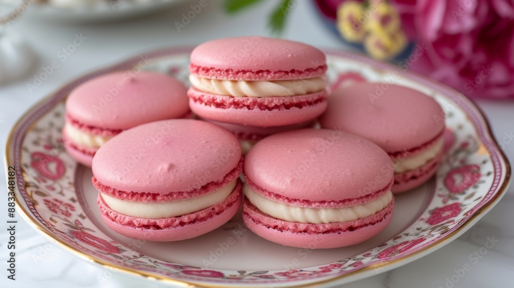Set of pink French macarons on a decorative plate Set of pink French macarons on a decorative plate
