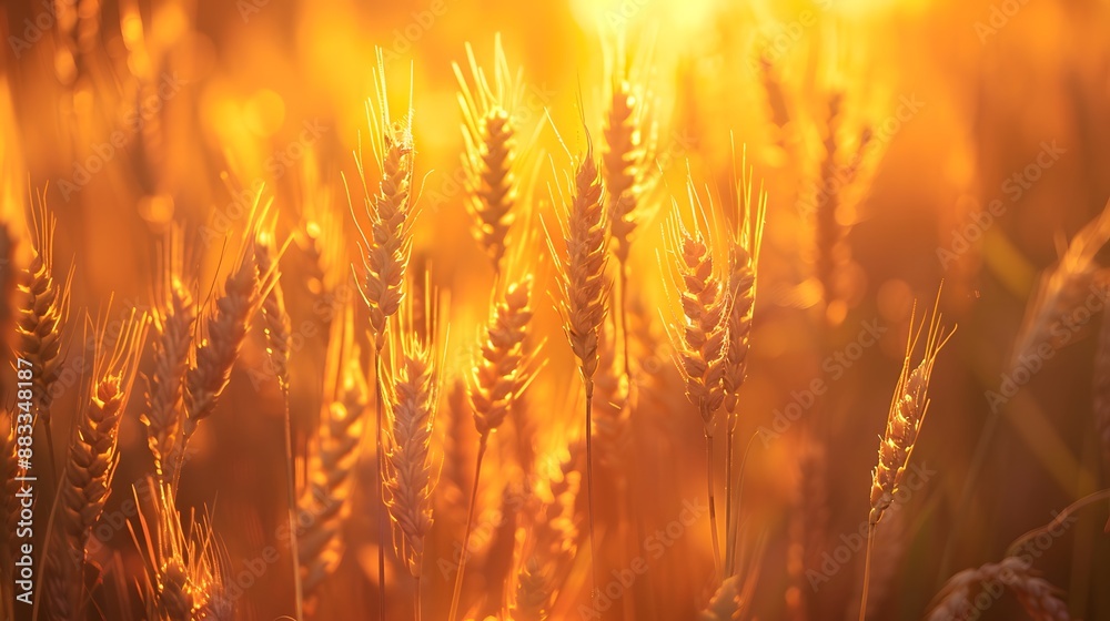Golden ripe ears of wheat on nature in summer field at sunset rays of sunshine, close-up macro. Ultra wide format. Golden ripe ears of wheat on nature in summer field at sunset rays of sunshine, close-up macro. Ultra wide format.