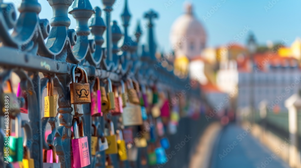 Obraz premium Colorful locks attached to the fence of a bridge