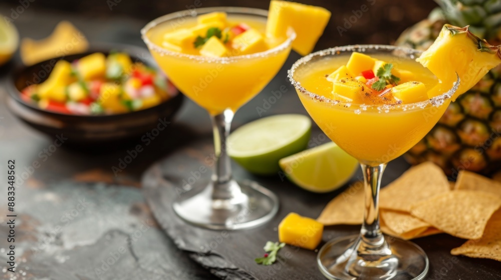 Tropical pineapple and mango margarita, served with a side of tortilla chips and salsa Tropical pineapple and mango margarita, served with a side of tortilla chips and salsa