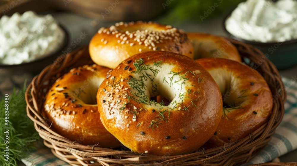 Basket of freshly baked bagels, accompanied by dill cream cheese spread Basket of freshly baked bagels, accompanied by dill cream cheese spread