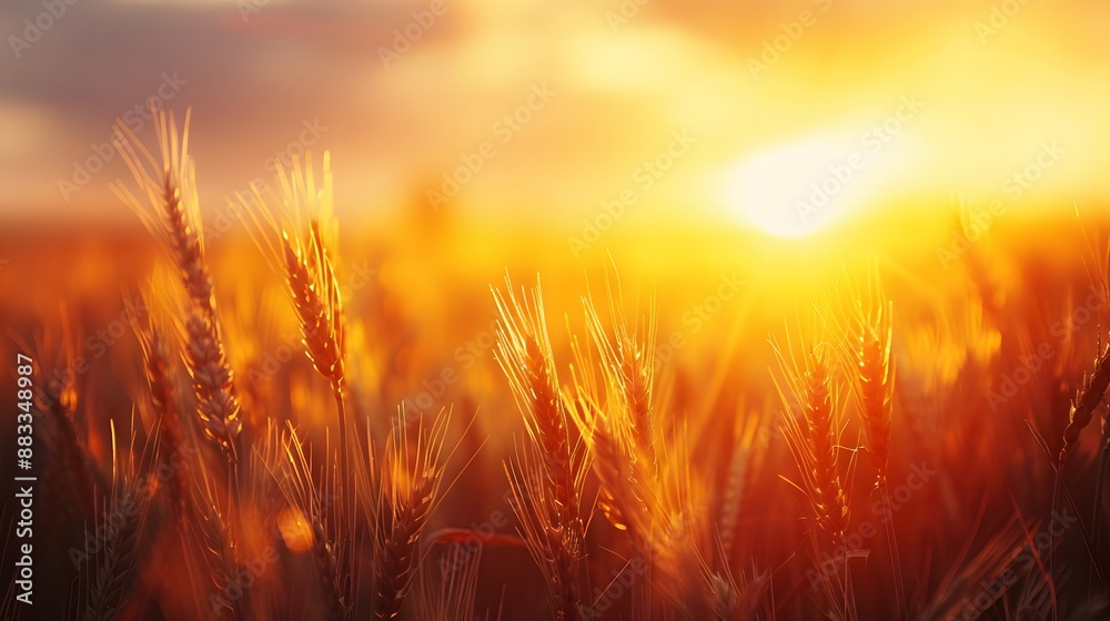 Golden ripe ears of wheat on nature in summer field at sunset rays of sunshine, close-up macro. Ultra wide format. Golden ripe ears of wheat on nature in summer field at sunset rays of sunshine, close-up macro. Ultra wide format.
