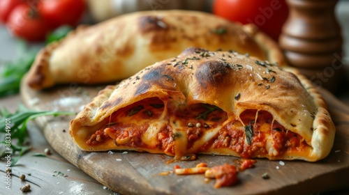 Traditional calzone, cut in half to reveal its delicious filling, served on a wooden board