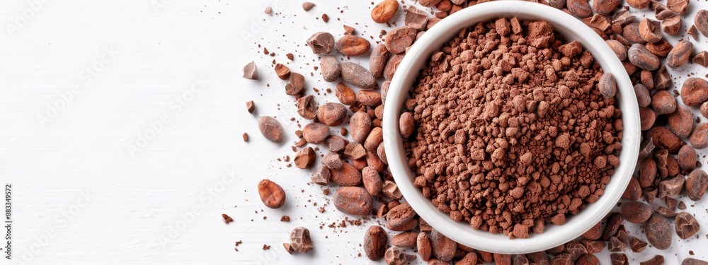 A white table holds a bowl filled with chocolate chips, nearby sits another pile of chips ..A white table hosts a bowl brimming with chocolate chips; beside it rest A white table holds a bowl filled with chocolate chips, nearby sits another pile of chips ..A white table hosts a bowl brimming with chocolate chips; beside it rest