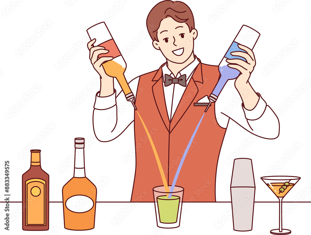Man bartender mixes cocktail from different alcoholic drinks standing at bar counter of nightclub. Experienced bartender prepares signature drink from liquor and syrup during holiday party or festival Man bartender mixes cocktail from different alcoholic drinks standing at bar counter of nightclub. Experienced bartender prepares signature drink from liquor and syrup during holiday party or festival