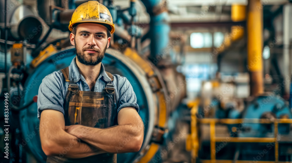 Industrial worker posing with arms crossed in factory setting Industrial worker posing with arms crossed in factory setting