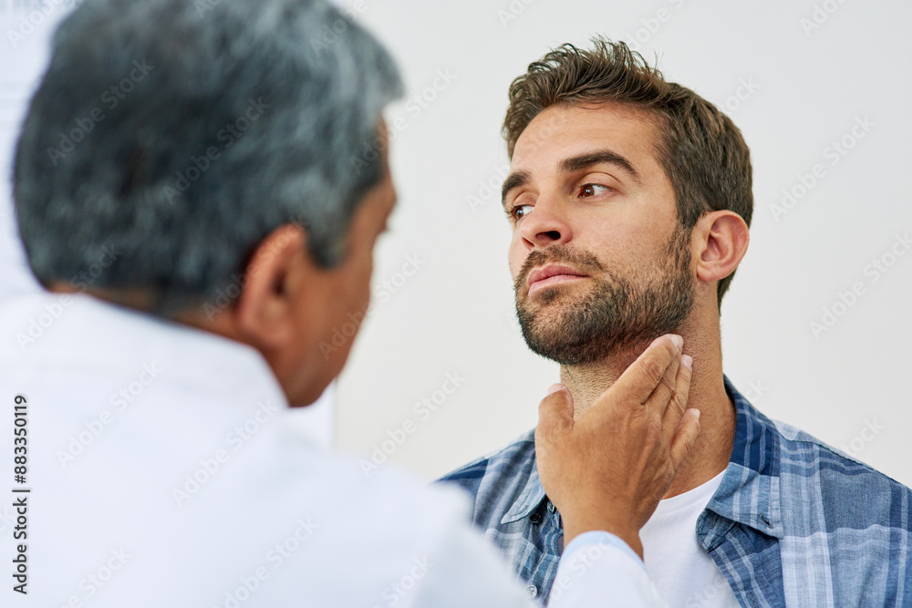 Fototapeta premium Doctor, hand and man for thyroid with patient, healthcare or diagnosis in clinic. Hospital, help or check up for throat and gland pain for male person, specialist or medical result test for