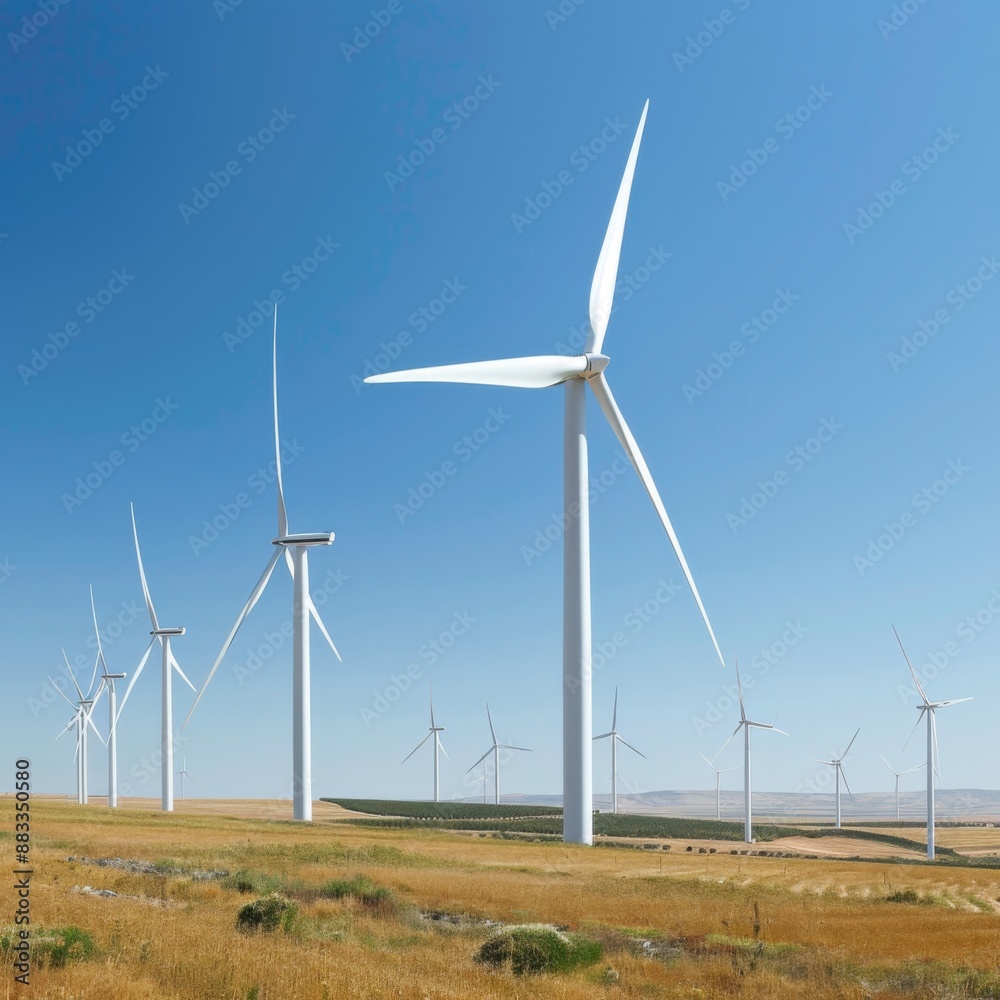 Sweeping Landscape of Wind Turbine Park Development, Demonstrating Soaring Turbines Harnessing Renewable Energy Under a Vibrant Blue Sky Sweeping Landscape of Wind Turbine Park Development, Demonstrating Soaring Turbines Harnessing Renewable Energy Under a Vibrant Blue Sky