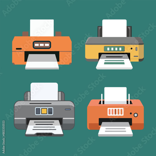 Collection of home and office printer flat illustration isolated icon for web design