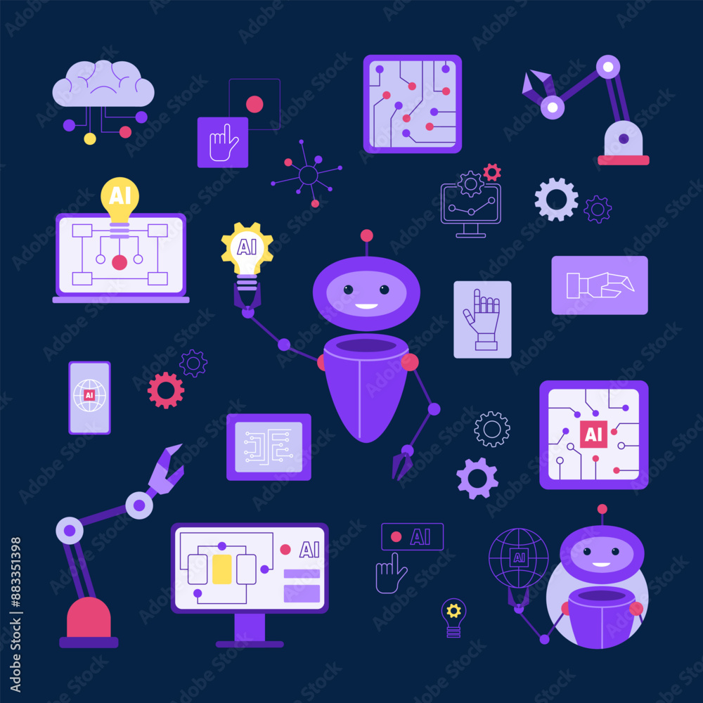 Set of icons of smart robotic, AI technologies. Elements of digital technologies of artificial intelligence. Neurnet, virtual assistant, online client support. Isolated flat vector illustration Set of icons of smart robotic, AI technologies. Elements of digital technologies of artificial intelligence. Neurnet, virtual assistant, online client support. Isolated flat vector illustration
