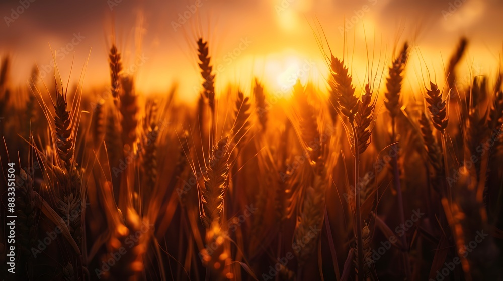Golden ripe ears of wheat on nature in summer field at sunset rays of sunshine, close-up macro. Ultra wide format.