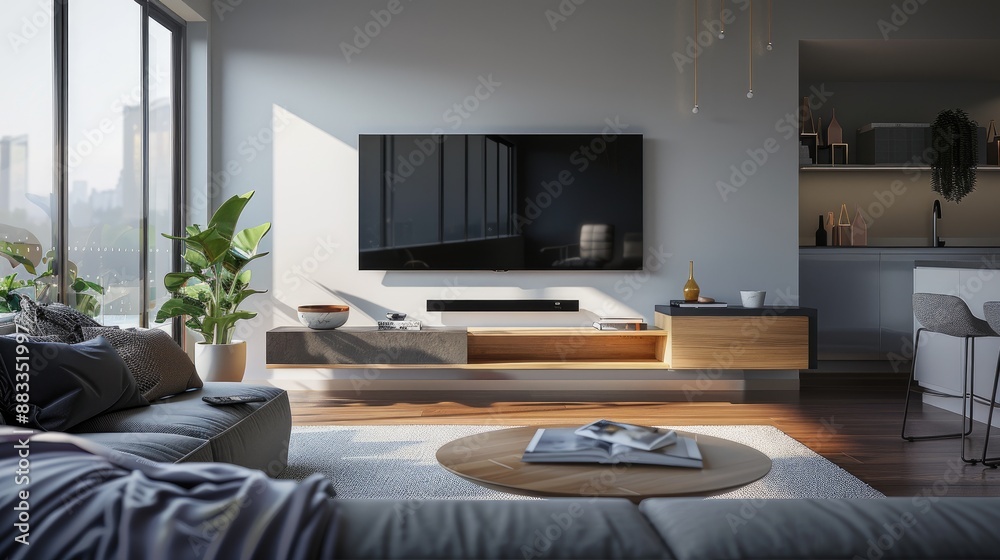 A contemporary living room with an infinity-edge LED TV and a floating media console A contemporary living room with an infinity-edge LED TV and a floating media console