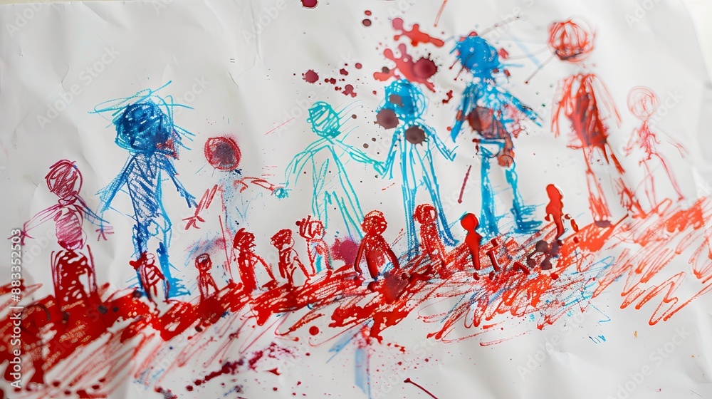 Naklejka premium Child's Drawing of Family on White Paper