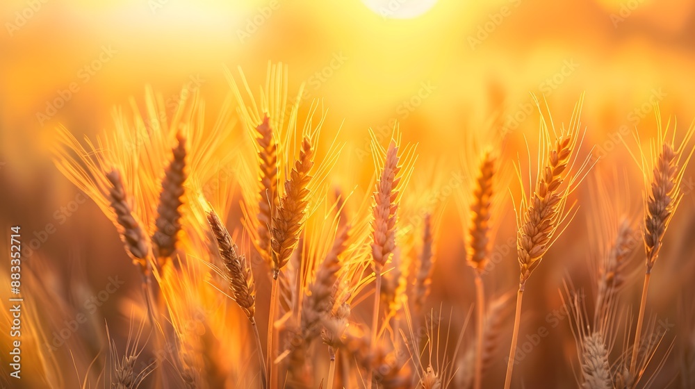 Golden ripe ears of wheat on nature in summer field at sunset rays of sunshine, close-up macro. Ultra wide format. Golden ripe ears of wheat on nature in summer field at sunset rays of sunshine, close-up macro. Ultra wide format.