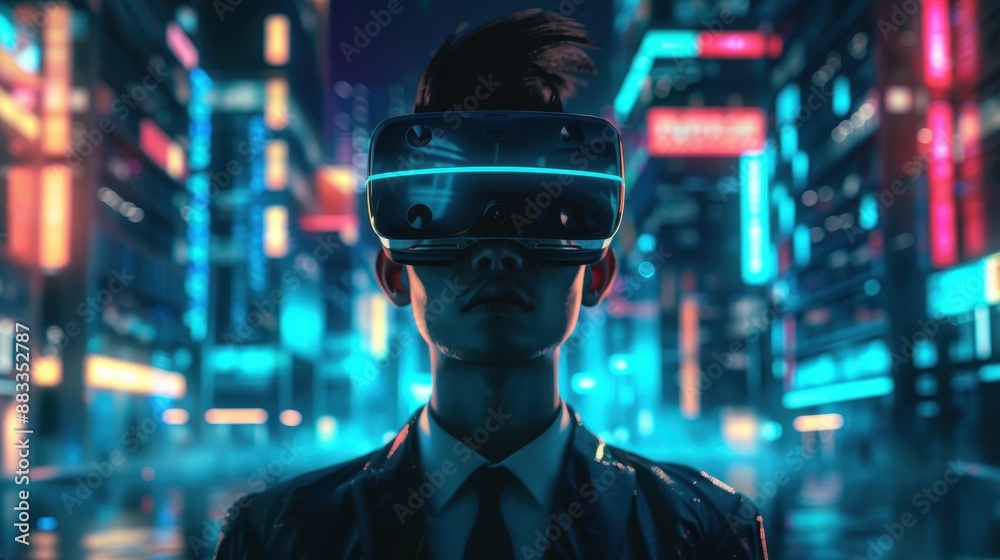 Use of VR technology to explore virtual worlds in a futuristic atmosphere lit by blue light